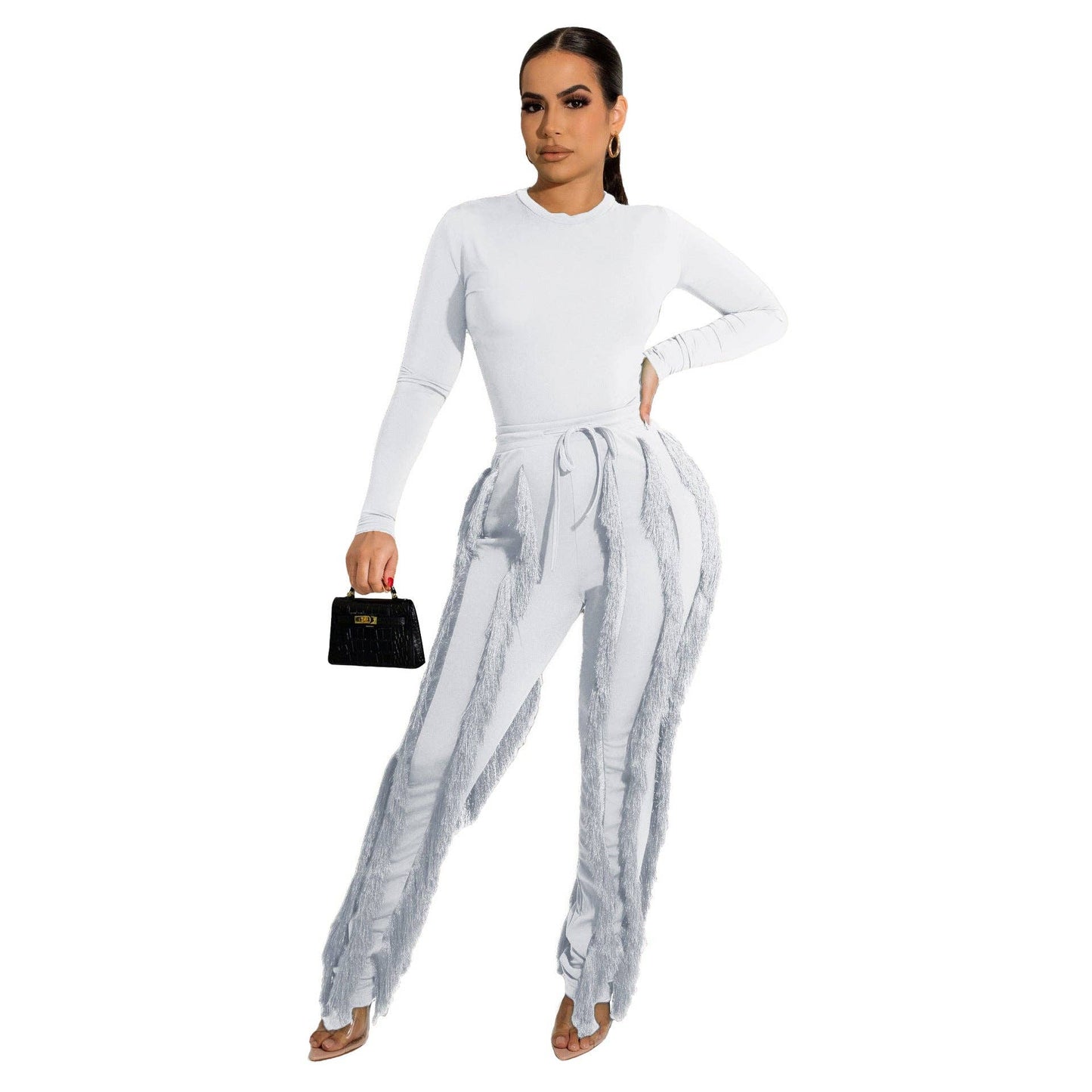 MB FASHION Long-Sleeve Fringe Top and Pants Set 223LY: BLACK / S