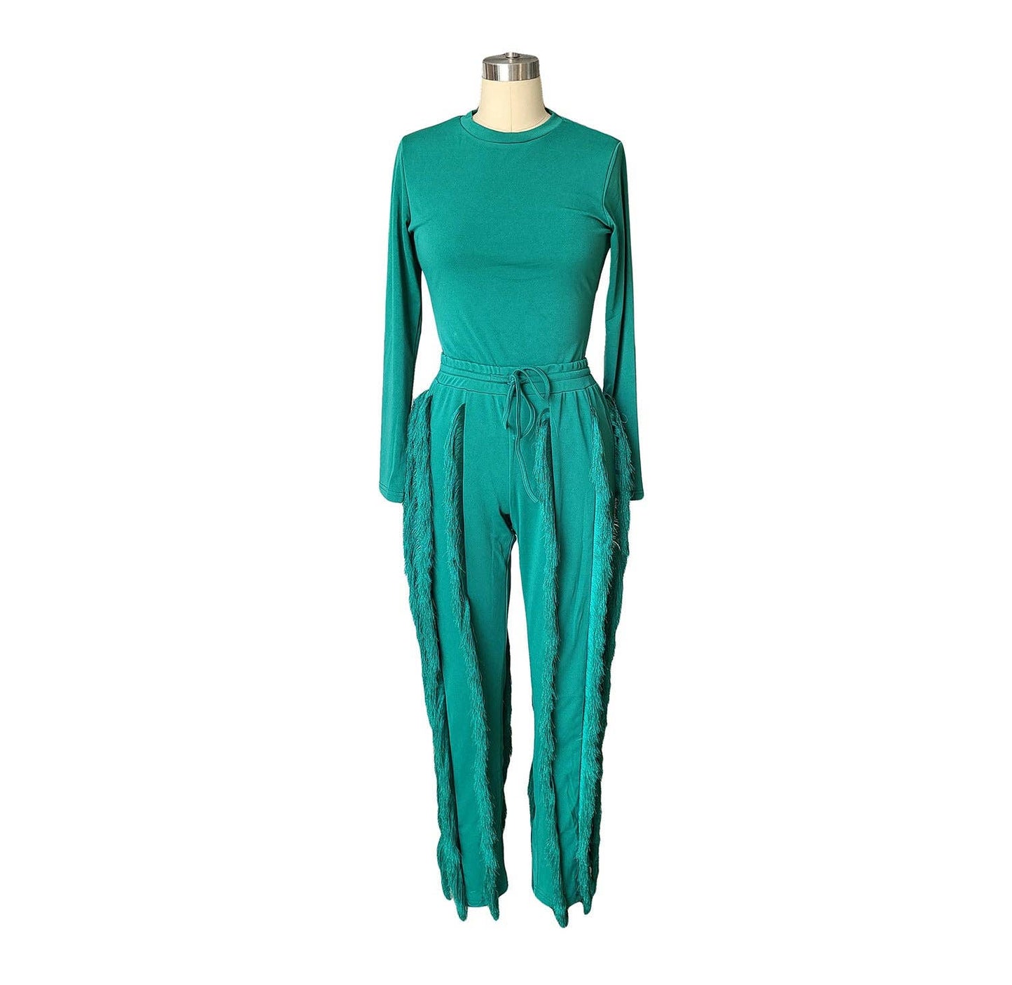 Long-Sleeve Fringe Top and Pants Set BLUE / M