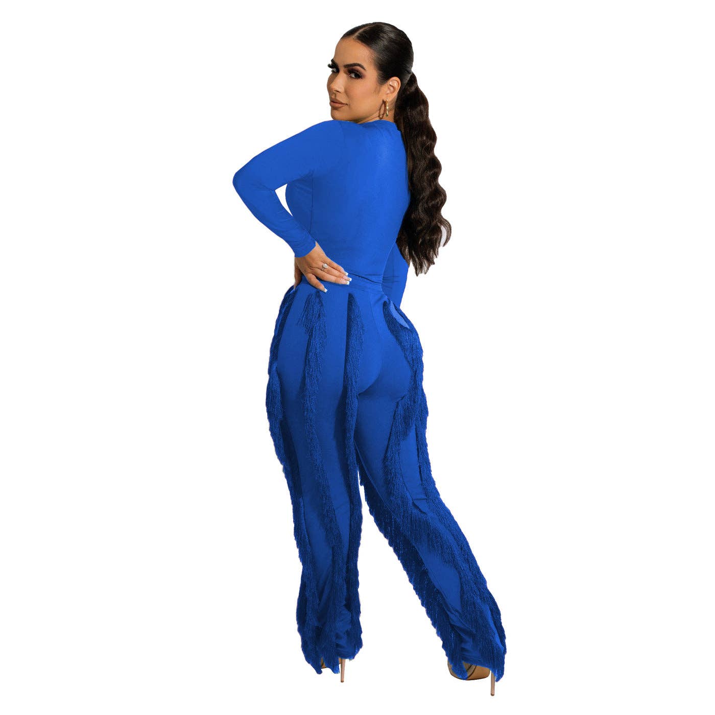 Long-Sleeve Fringe Top and Pants Set BLUE / M