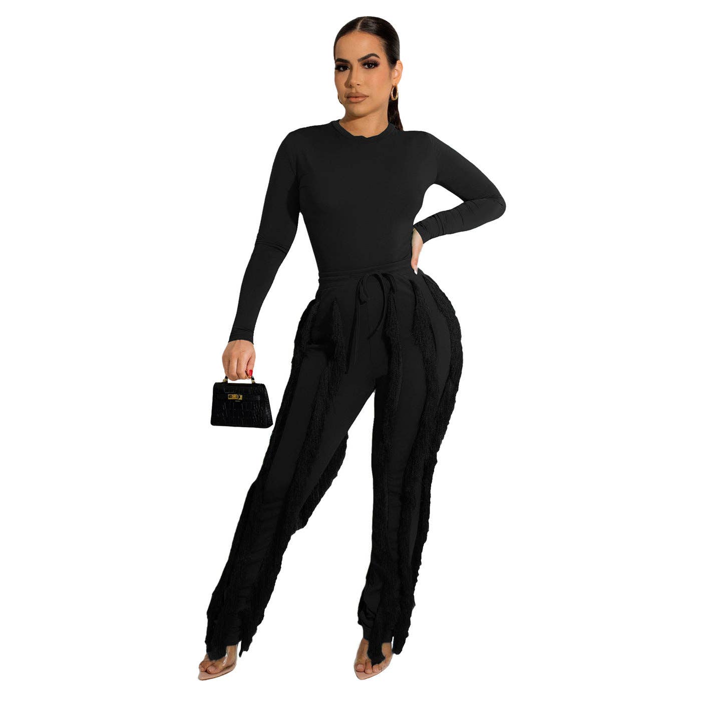 MB FASHION Long-Sleeve Fringe Top and Pants Set 223LY: BLACK / S