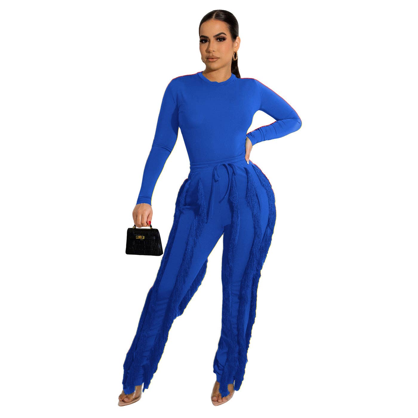 Long-Sleeve Fringe Top and Pants Set BLUE / M