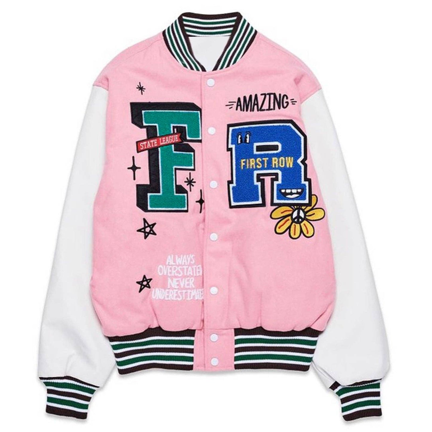 MB FASHION Colorful Print Long Sleeve Varsity Jacket 0262AT: PINK / M