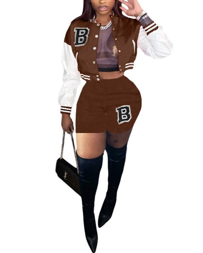 MB FASHION BASEBALL JACKET SHORTS SET 8393T: BROWN / XL